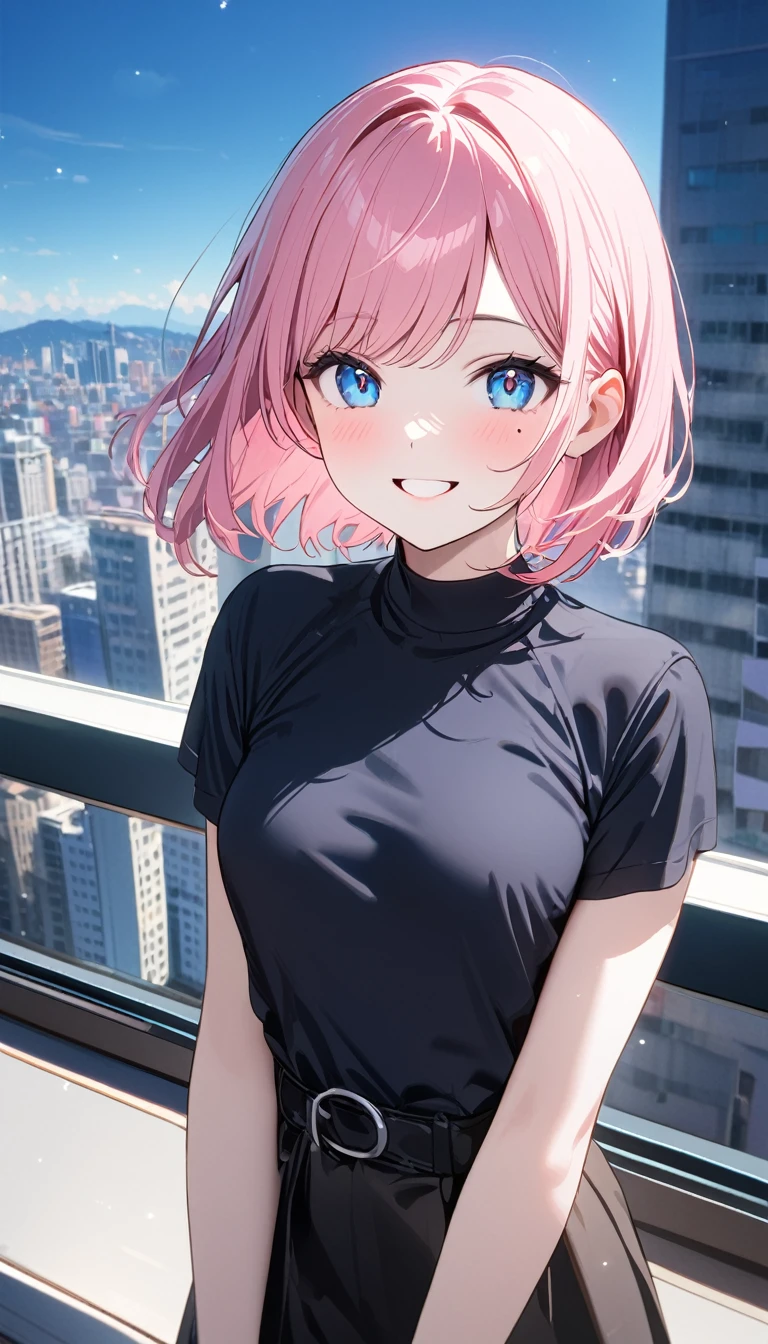 (1 girl),(Best Picture Quality, 8K, Masterpiece:1.3), (high school student:1.5), ((pink lob hair:1.1)), (bob cut),(swept bangs), (cute eyes, pupil black, iris skyblue, youthful face), (mole under right eye), (standard weight), (small breasts), (glistening skin:1.1),(pale skin:1.2),((Minimalist fashion)),((City)),(magnificent view),(Smile).