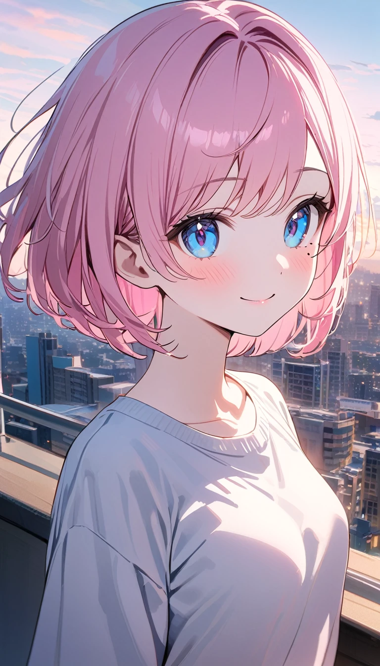 (1 girl),(Best Picture Quality, 8K, Masterpiece:1.3), (high school student:1.5), ((pink lob hair:1.1)), (bob cut),(swept bangs), (cute eyes, pupil black, iris skyblue, youthful face), (mole under right eye), (standard weight), (small breasts), (glistening skin:1.1),(pale skin:1.2),((Minimalist fashion)),((City)),(magnificent view),(Smile).