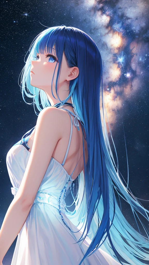 High resolution, One girl, Light blue hair tips、Looking up、Back view、Black Hair、Night view、milky way、I can&#39;t see your face、one piece