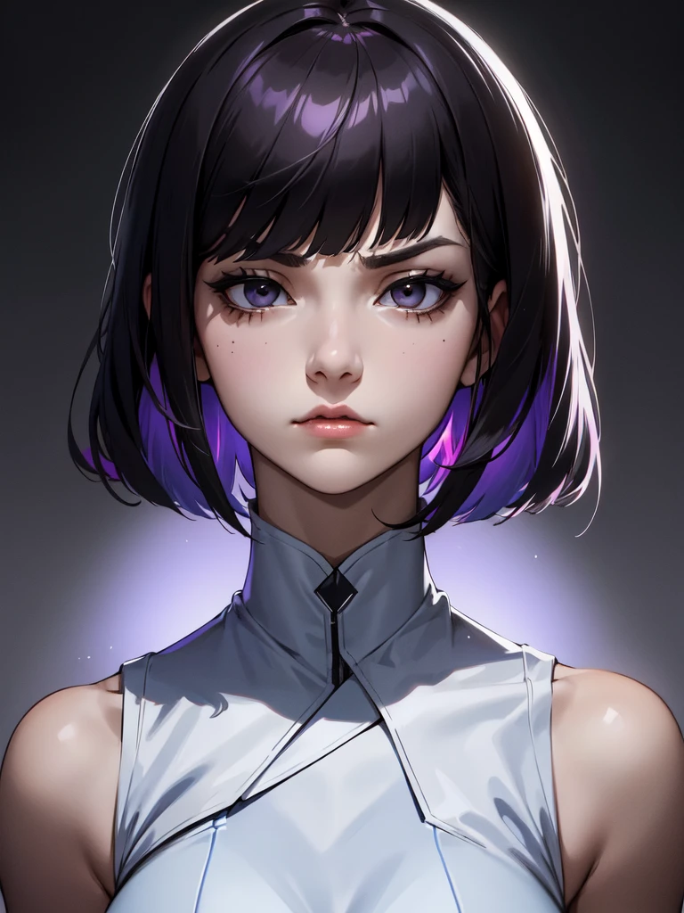 (((Portrait Photo))), She has an Graceful, Athletic 16-Year-Old Appearance, with a Slim-Fit Build and a Volatile Demeanor. She has Short, Straight Lavender Hair that Falls Just Below Her Chin, with a Neat Fringe Parted to One Side. Her Deep Black Eyes Express a Serious and Intense Look, Frowning, Giving Off a Temperamental Attitude. She Wears a Sleek White High-Necked Sleeveless Top. (((High Quality, Dark Background))), (((Portrait Photo)))