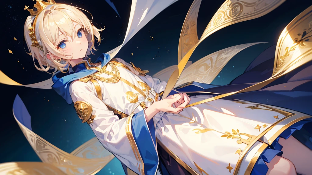 (Highest quality)　(4K)　(8k)　(High resolution)　(masterpiece:1.2)　(Super detailed)　One boy　short hair　Wizard　Blue Eyes　Long sleeve　Golden decoration　Hair between the eyes　Closed Mouth　White Dress　Wavy golden hair　Upper Body　crown　(White Background)　cute　Young