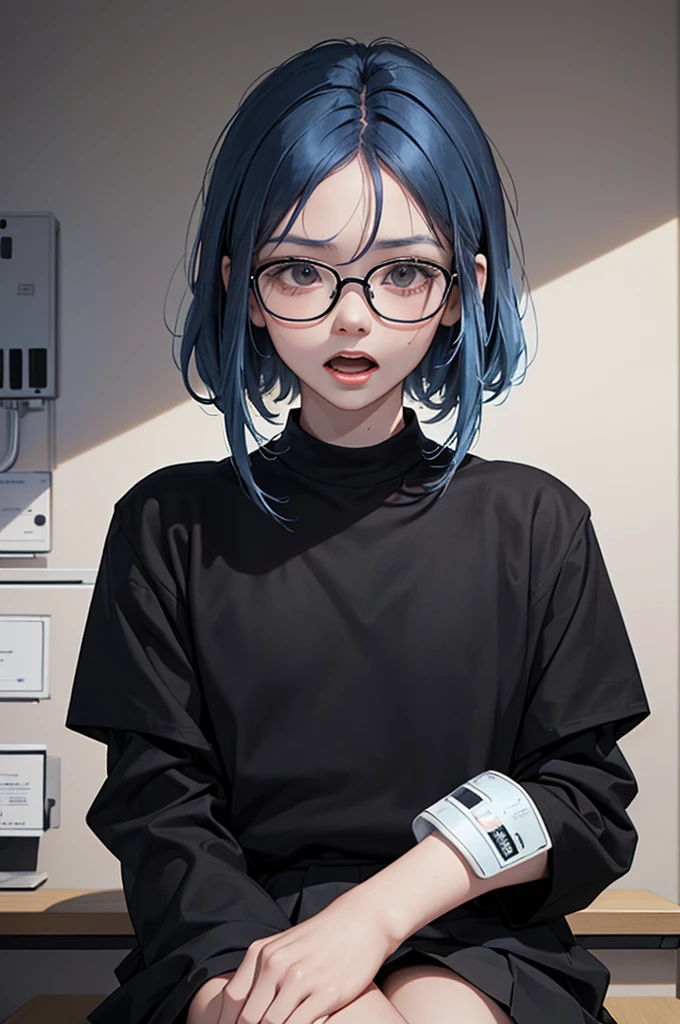 1 boy, age 5-6 years ,Solo, sitting (Looking at the audience), (black shirt:1.5), long skirt ,Stylish clothes Childish man wearing glasses /(blue hair/) Worried face, open mouth (The best quality masterpiece:1.2) , Delicate illustrations, Special details, (hospital examination room) In the building, desk (X-ray image of the lungs:1.2) Detailed background
