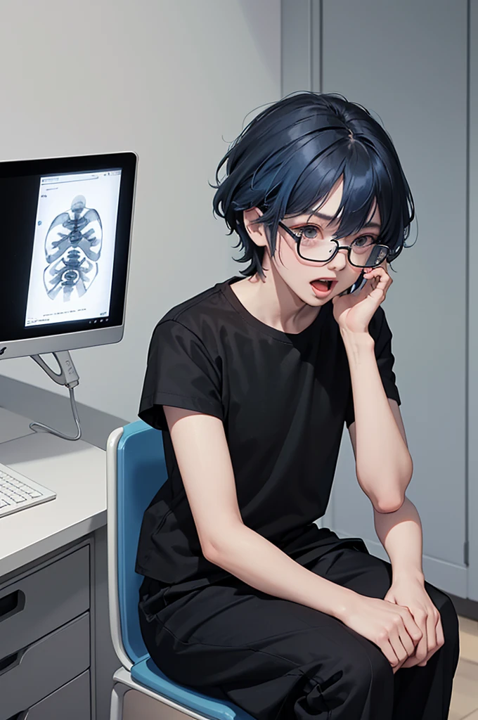 1 boy, age 5-6 years ,Solo, sitting (Looking at the audience), (black shirt:1.5), long skirt ,Stylish clothes Childish man wearing glasses /(blue hair/) Worried face, open mouth (The best quality masterpiece:1.2) , Delicate illustrations, Special details, (hospital examination room) In the building, desk (X-ray image of the lungs:1.2) Detailed background