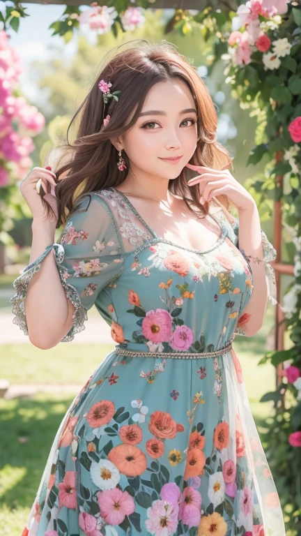 A beautiful and hot almost chubby mature woman.who is wearing a patterned short dress and is and standing in the park. A smiling face、sexy woman、A radiant smile、adorable、race、Frills、Colorful design、Full-length mirror、An inviting gaze、Gorgeous long and beautiful hairstyle、variation Hairstyle、Open neck blouse、Flower Garden、Sparkling、Elegant Princess