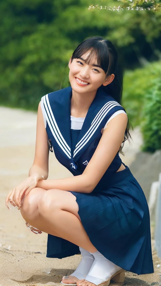 (((Top-down configuration:1.33)))、((No underwear:1.55))、One Girl、Beautiful and detailed eyes and face、barefoot、20 year old cute Japan woman, ((Extremely precise and accurate anatomy:1.0)), (photo Realistic:1.4), (hyper Realistic:1.4), (最高品質のRealisticな肌の質感:1.4), (Improvement of quality:1.4), (Enhances the beauty of skin texture:1.1), Clean and glowing skin, mesh, thin:1.2, (Realistic:1.3), Realisticなライティング, (Smoother lighting:1.05), (Improving the quality of cinema lighting:0.9), Backlight, A gentle light on your face, Ray Tracing, (Bright light:1.2), 32k, One Japanese woman, fine grain, Detailed face, (Film Grain:1.1),(Accentuates body lines:1.1), High resolution, Natural look, Kind eyes, Improves hair quality, Delicate light and shadow, Transparent muscles, Graceful pose, Beautiful Eyes, Sharp details, Soft light reflection, Beautiful contours, Delicate skin tone, Fine hair texture, Natural background, (((sunny day、Beach、A strong wind is blowing、Her hair and skirt are flying、Squat, Traditional navy blue sailor uniform、Open shirt、Pleated skirt、Scooping seawater with hands:1.25、splash、Sandy Beach、Light of the sun、clear blue sea、The waves crash quietly、Blue sky and white clouds、green mountain々、Beautiful Nature、The joys of youth)))、