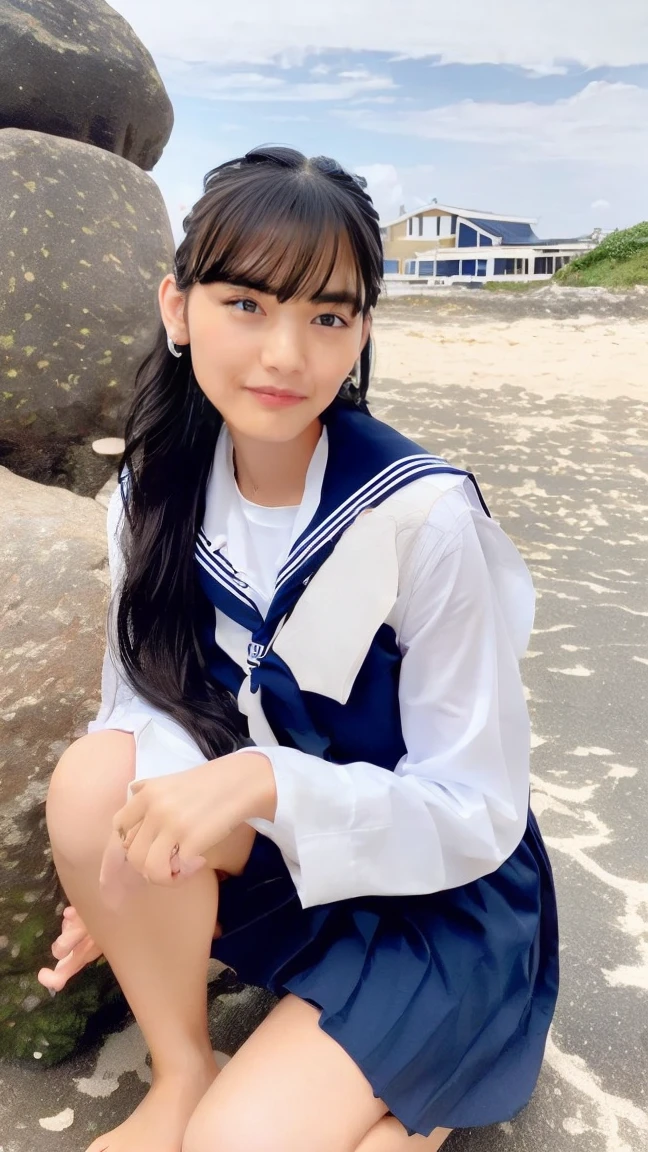 (((Top-down configuration:1.33)))、((No underwear:1.55))、One Girl、Beautiful and detailed eyes and face、barefoot、20 year old cute Japan woman, ((Extremely precise and accurate anatomy:1.0)), (photo Realistic:1.4), (hyper Realistic:1.4), (最高品質のRealisticな肌の質感:1.4), (Improvement of quality:1.4), (Enhances the beauty of skin texture:1.1), Clean and glowing skin, mesh, thin:1.2, (Realistic:1.3), Realisticなライティング, (Smoother lighting:1.05), (Improving the quality of cinema lighting:0.9), Backlight, A gentle light on your face, Ray Tracing, (Bright light:1.2), 32k, One Japanese woman, fine grain, Detailed face, (Film Grain:1.1),(Accentuates body lines:1.1), High resolution, Natural look, Kind eyes, Improves hair quality, Delicate light and shadow, Transparent muscles, Graceful pose, Beautiful Eyes, Sharp details, Soft light reflection, Beautiful contours, Delicate skin tone, Fine hair texture, Natural background, (((sunny day、Beach、A strong wind is blowing、Her hair and skirt are flying、Squat, Traditional navy blue sailor uniform、Open shirt、Pleated skirt、Scooping seawater with hands:1.25、splash、Sandy Beach、Light of the sun、clear blue sea、The waves crash quietly、Blue sky and white clouds、green mountain々、Beautiful Nature、The joys of youth)))、