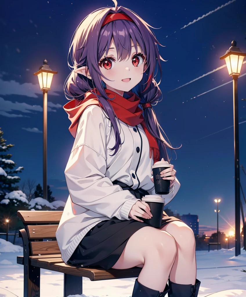 yuukikonno, Konno Yuuki, Long Hair, Pointed Ears, Purple Hair, (Red eyes:1.5), (Small breasts:1.2), Open your mouth,happy smile, smile, Open your mouth,hair band,low twin tail,Red Scarf,Oversized purple hoodie,Long skirt,Black pantyhose,short boots,Holding a paper cup of coffee in both hands,Sitting on a bench,snowが降っている,snowが降り積もっている,snow,snow,snow,snow,snowが積もった木,winter,Cold Sky,night,whole bodyがイラストに入るように,
break looking at viewer,  whole body,
break outdoors, garden,
break (masterpiece:1.2), Highest quality, High resolution, unity 8k wallpaper, (figure:0.8), (Beautiful attention to detail:1.6), Highly detailed face, Perfect lighting, Highly detailed CG, (Perfect hands, Perfect Anatomy),