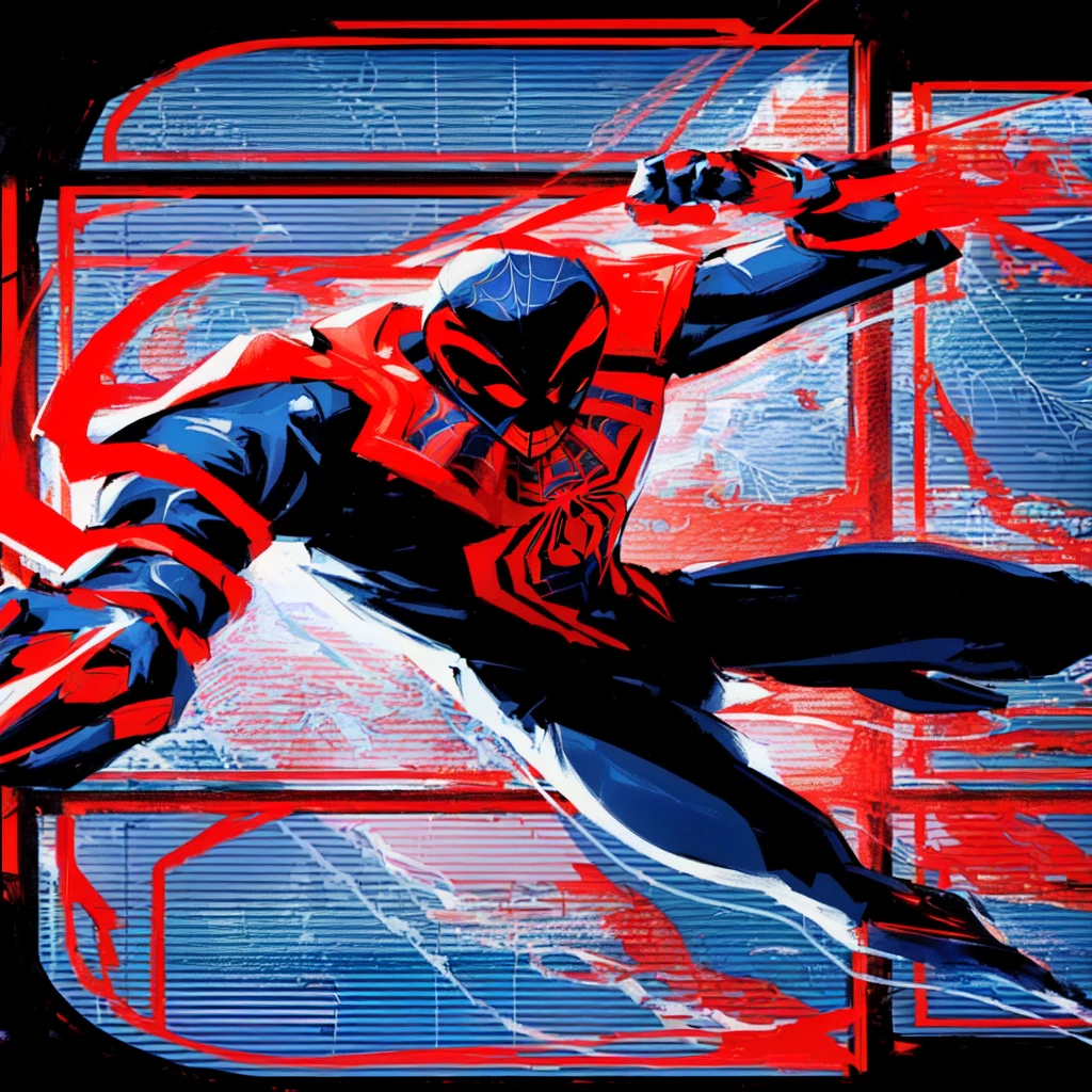 a spider - man is flying through the air with a red and blue background, miles morales!!!, miles morales, futuristic style spiderman, donald glover as miles morales, inspired by Ryan Stegman, symbiote, full samurai armor spiderman, by Ryan Stegman, red webs, profile pic, spiderverse, spider - verse art style, spider zero, venomized