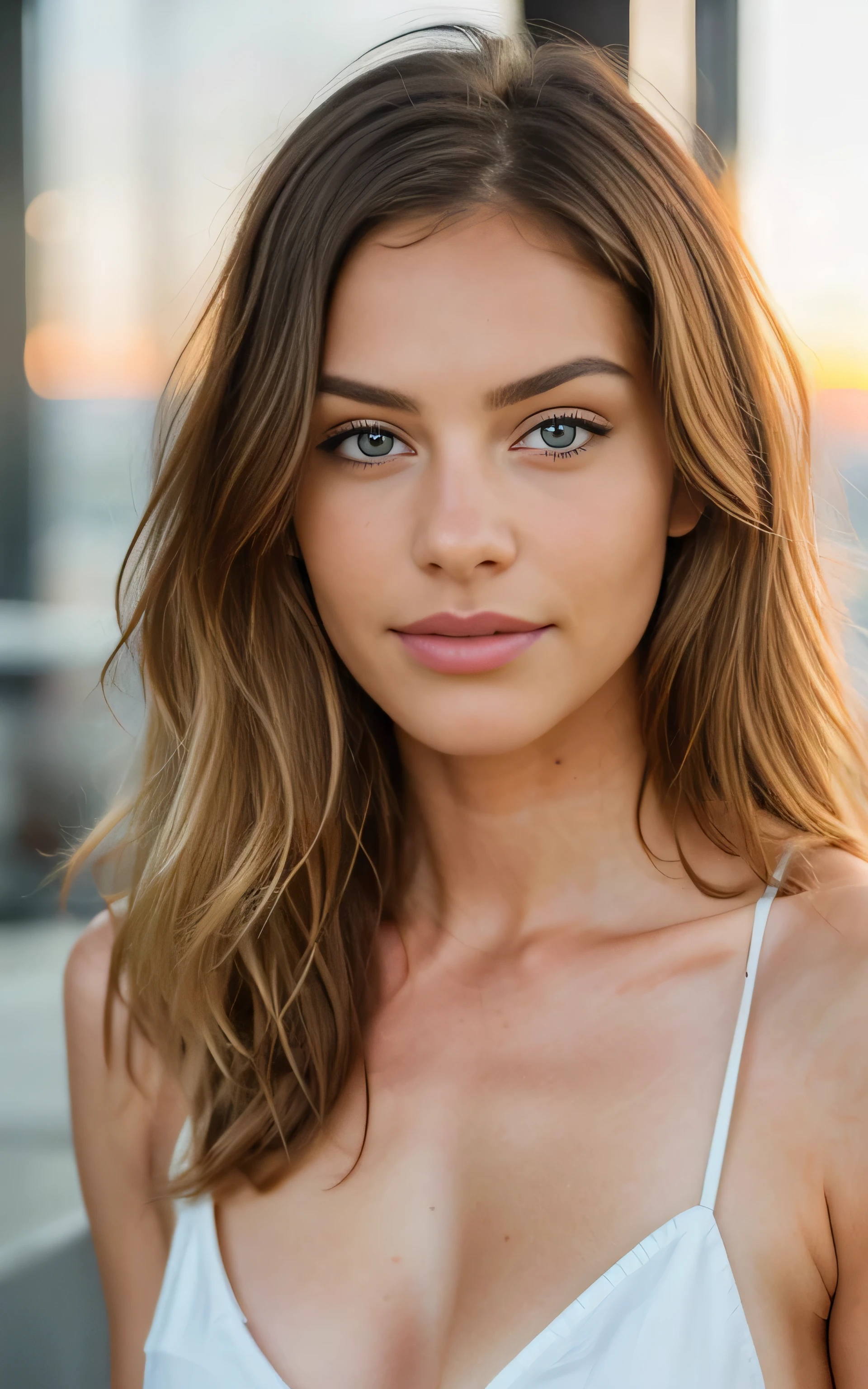 beautiful blonde (drinking coffee in a modern cafe at sunset), very detailed, 21 years old, innocent face, natural wavy hair, Blue eyes, a high resolution, masterpiece, Best quality, complex parts, very detailed, Sharp Focus, detailed skin, realistic skin texture, texture, detailed eyes, professional, 4K, charming smile, shot on Canon, 85 mm, shallow depth of field, Kodak Vision цветной, perfectly toned body, extremely detailed, Photo_\(Ultra\), photorealistic, realistic, Post-processing, Maximum detail, roughness, real life, Ultra realistic, photorealism, photo, 8k contract, photo смоттрит прямо