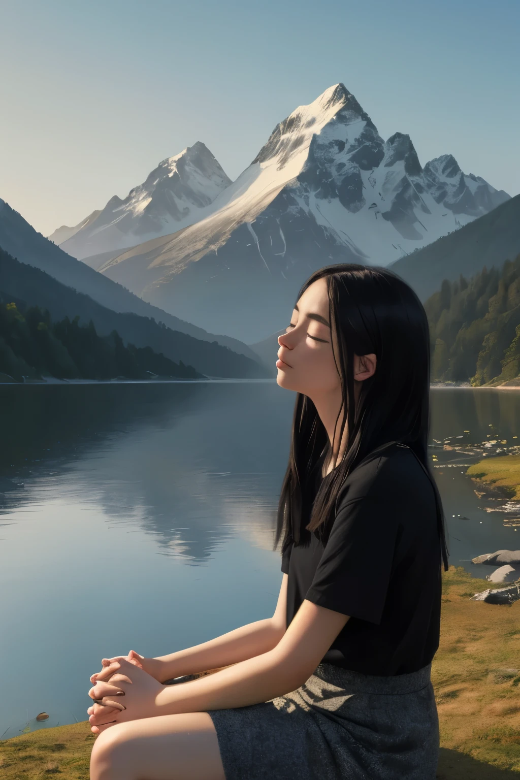 ((best quality)), ((masterpiece)), (detailed), A digital illustration of a young woman sitting in a cross-legged position with her eyes closed and hands resting on her knees, surrounded by a serene landscape with mountains and a lake. She has long black hairs.