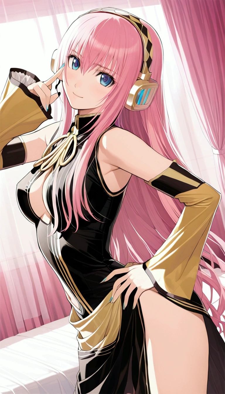 masterpiece,Detailed and beautiful depiction 1.1,Official Art,Beautiful adult woman ,Megurine Luka,Megurine Lukaの公式衣装,headphone,Black and gold costume,Pink long hair,blue eyes,smile,Mr.々A pose,Bedroom