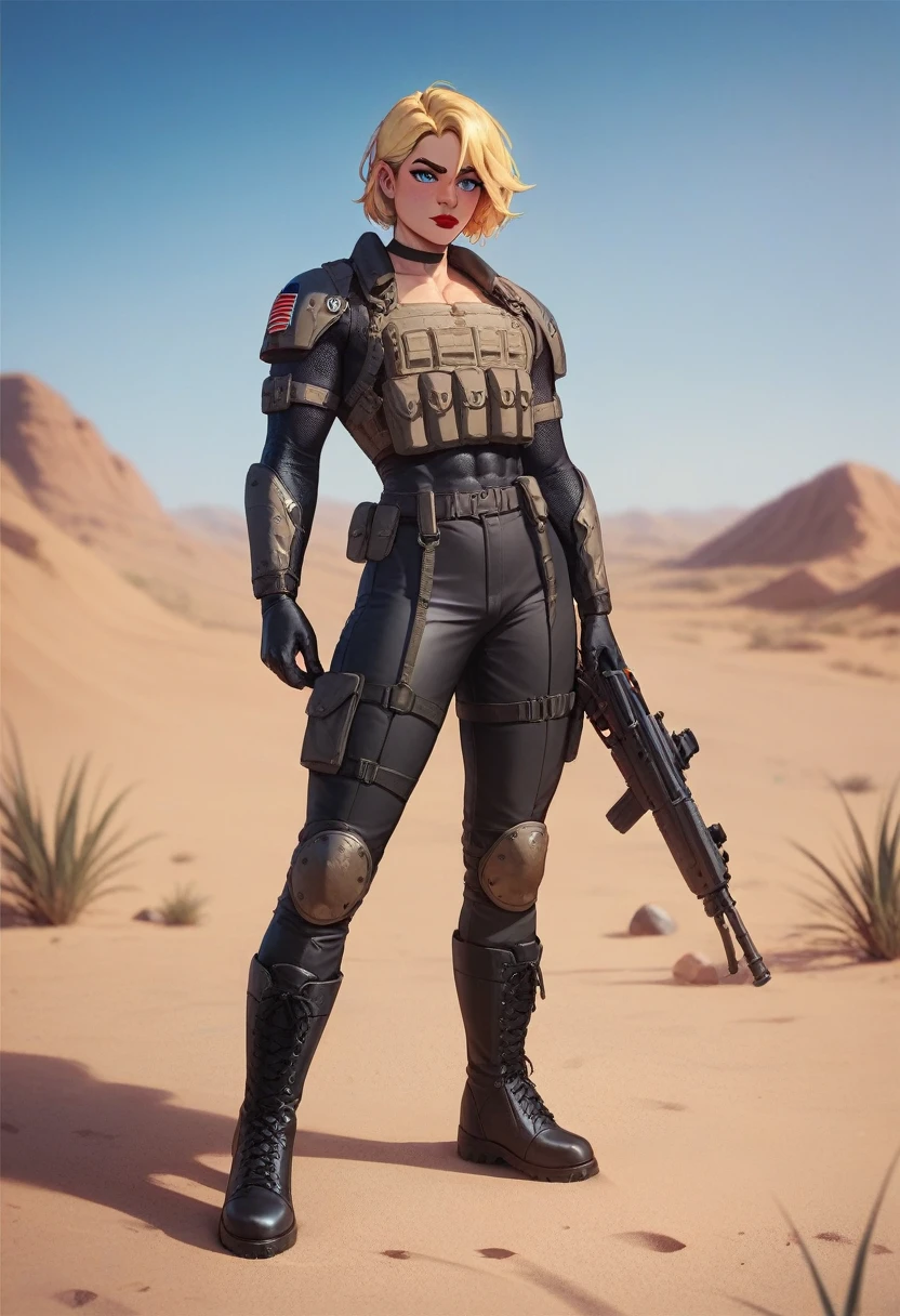 1boy, modern soldier, solo, black eyeliner, male medium length hair, medium hair texture, yellow hair, handsome, blue eyes, black choker, black clothes, black long boots, desert, red lipstick, femboy, blush, thin waist, black body armor