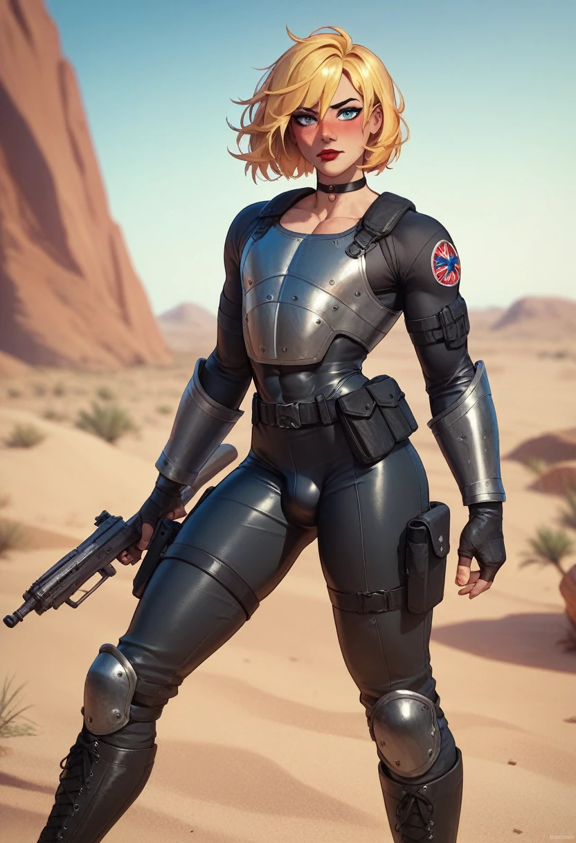 1boy, modern soldier, solo, black eyeliner, male medium length hair, medium hair texture, yellow hair, handsome, blue eyes, black choker, black clothes, black long boots, desert, red lipstick, femboy, blush, thin waist, black body armor 