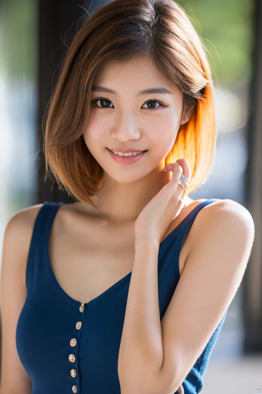 lens: 135mm f1.8, (Highest quality), (Beautiful 23 year old Japanese girl), (Moisturized lips), Narrow eyes, double eyelid, Delicate clavicle, Flat Chest , Embarrassed about my small, undeveloped breasts, smile, (Spotted sunlight: 1.2), Professional Lighting, (Dark blue sleeveless blouse shirt), (Sunburned skin: 0.2), Full body photo, Full Body Focus, Beautifully upright