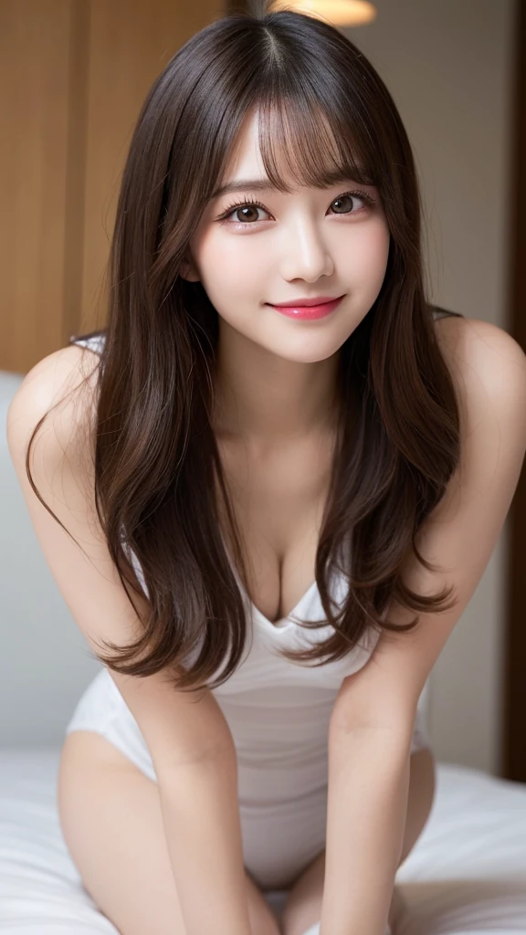 Highest quality, Very detailed, finely, High resolution, 8k wallpaper, Perfect dynamic composition, Beautiful and exquisite,ランダムなcute髪,,Natural color lip, Bold sexy pose,smile、20-year-old girl、cute、Looking into the camera,Always blur the background,Perfect and beautiful face,Slim face and figure,Big eyes、Gal Makeup,Small face,Shooting from below、smile,Blurred Background,Elegant feminine face、Change pose randomly、Randomly change the shooting angle and position、smile、Top to bottom々Shoot from the right angle and direction、Sexy Face、On all fours、On the bed、night