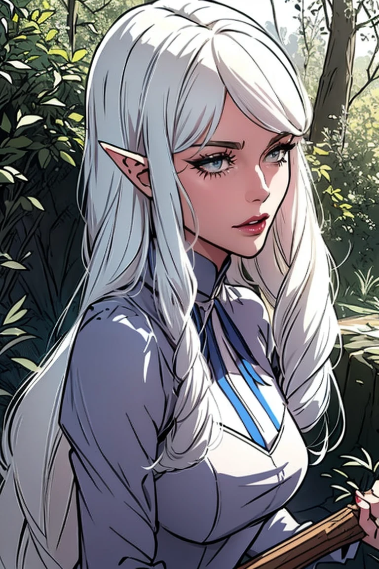 platinum blonde hair, 1girl, long hair, pointy ears, elf, huntress outfit, longbow, bow \(weapon\), nature, makeup, long eyelashes,
masterpiece, best quality, intricate detail, sketch, outline, anime screencap,