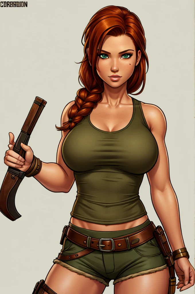 Jennifer Korbin, ginger hair, cosplaying lara croft, tan shorts, green top, steampunk, blank background, white background