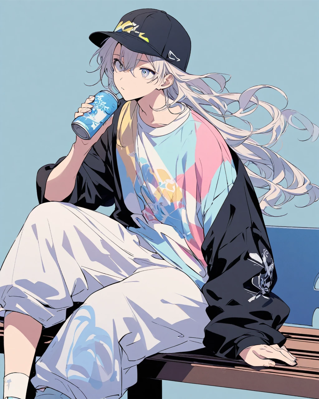 Create a detailed anime illustration of a boy with long, flowing hair and a casual streetwear outfit, including a baseball cap, baggy pants, and a graphic t-shirt. He is seated on a bench, holding a drink can, with a serene expression. Use a two-tone pastel background to highlight the modern and minimalist setting.