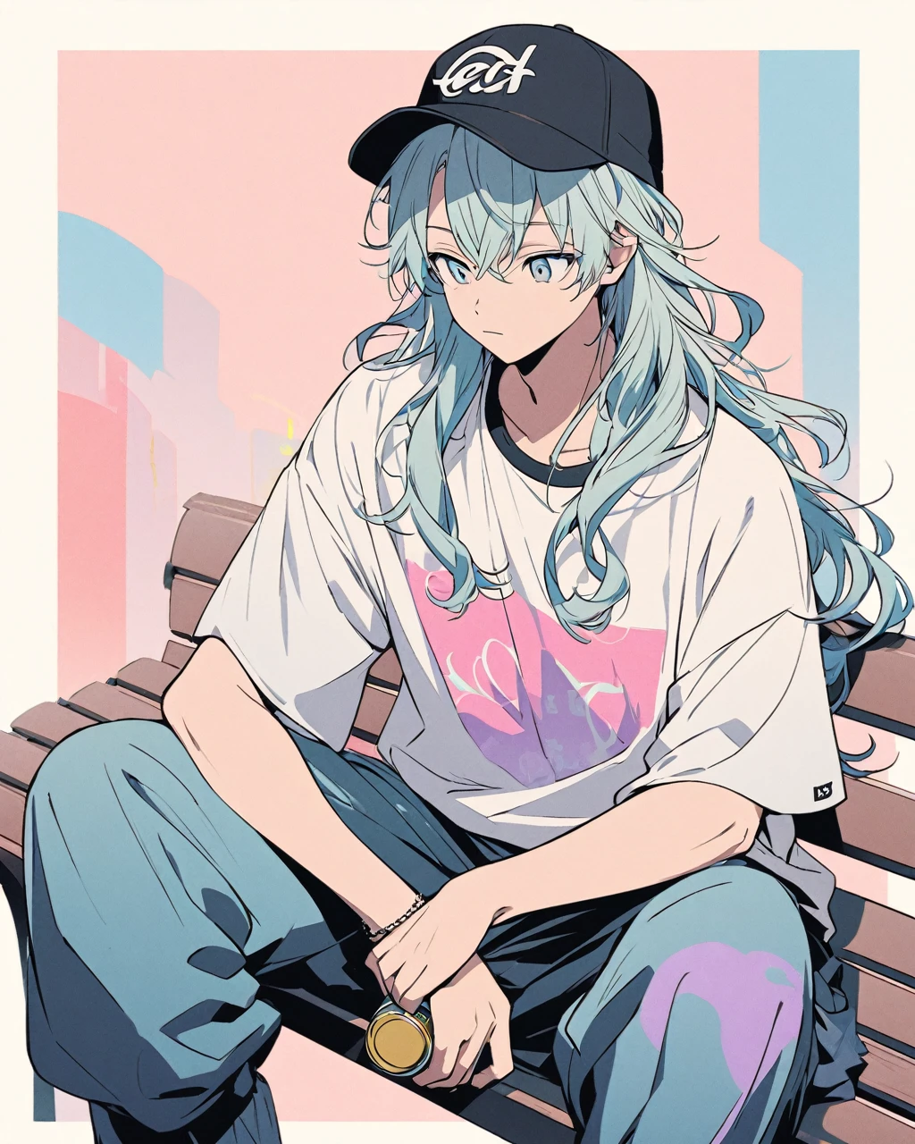 Create a detailed anime illustration of a boy with long, flowing hair and a casual streetwear outfit, including a baseball cap, baggy pants, and a graphic t-shirt. He is seated on a bench, holding a drink can, with a serene expression. Use a two-tone pastel background to highlight the modern and minimalist setting.