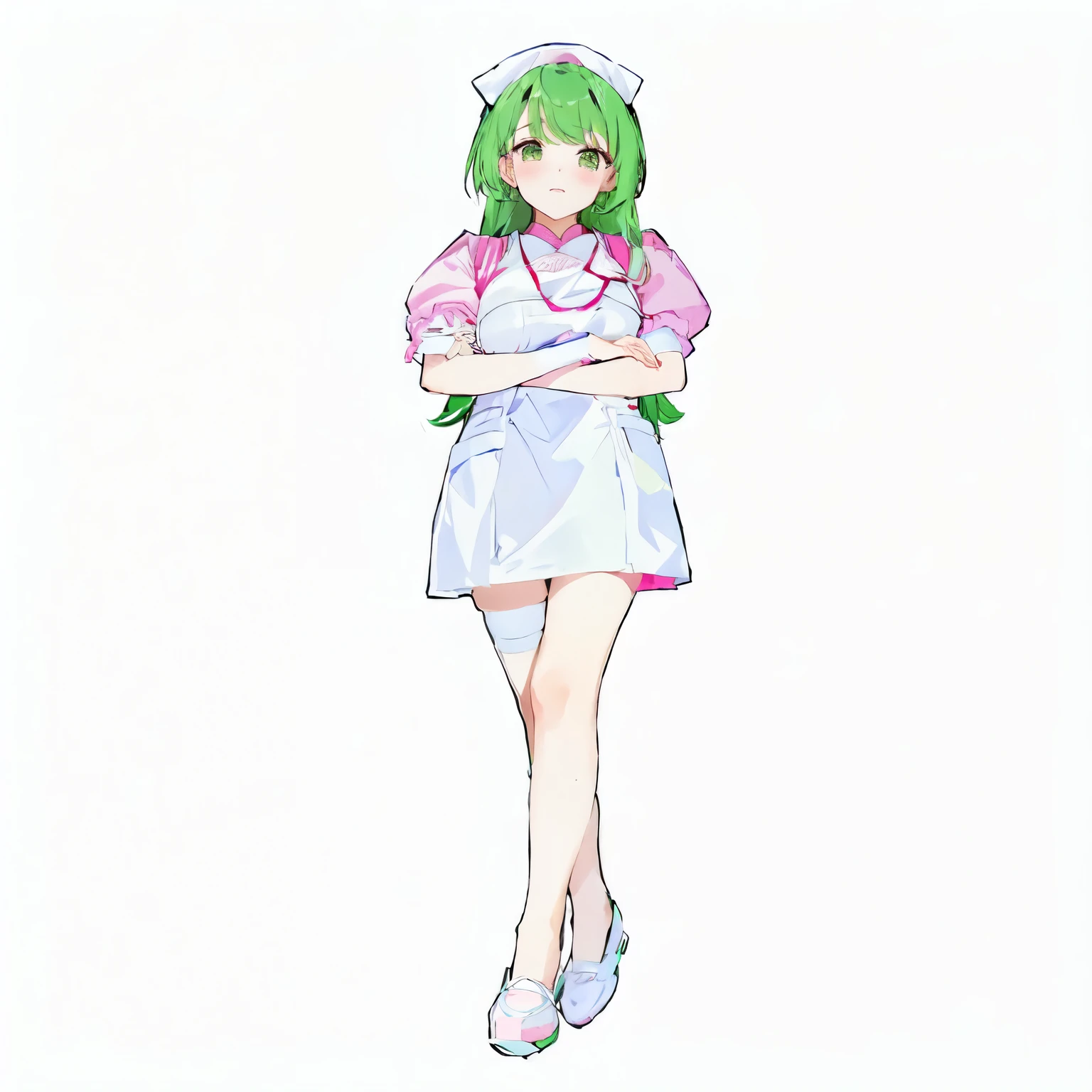 female、Pink nurse uniform、Pink dress、Balloon sleeves、Green Hair、Long Hair
