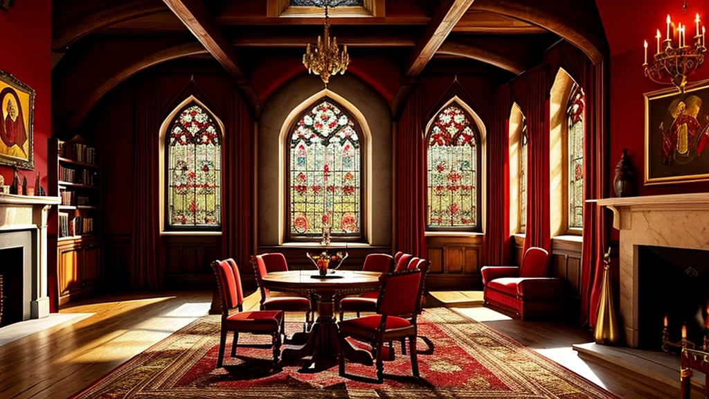 a cozy gryffindor common room, ornate arched windows, red silk curtains, red velvet rug, portrait paintings on walls, grand fireplace, table with chair, bookshelf, intricate details, warm lighting, cozy atmosphere, hogwarts, magic, medieval, fantasy, interior design, photorealistic, high resolution, masterpiece, ultra-detailed