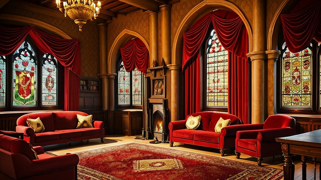 a cozy gryffindor common room, ornate arched windows, red silk curtains, red velvet rug, portrait paintings on walls, grand fireplace, table with chair, bookshelf, intricate details, warm lighting, cozy atmosphere, hogwarts, magic, medieval, fantasy, interior design, photorealistic, high resolution, masterpiece, ultra-detailed