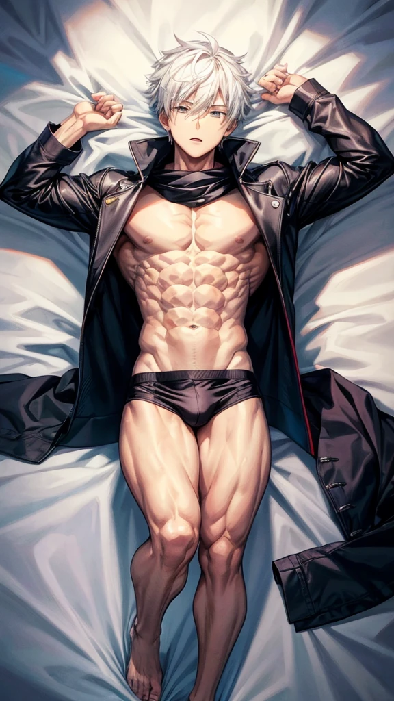 Anime guy about 16 without outerwear. Muscular with 6-pack abs and back. With white hair. Lying on the bed.