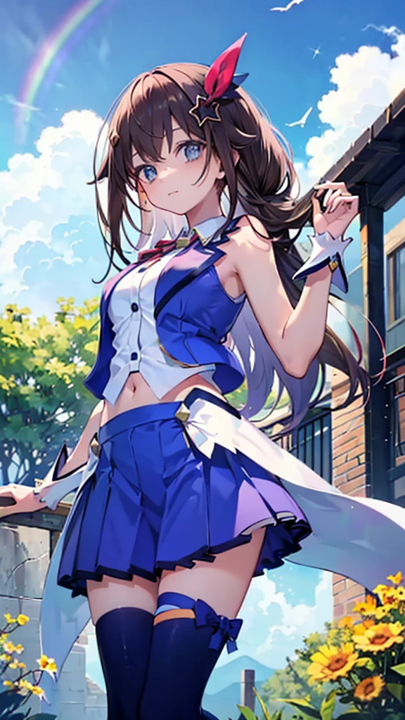 (Ultra-high resolution,masterpiece, Attention to detail, Highest quality), 8k,(ts1, white shirt, Blue vest, sleeveless, blue thighhighs, blue skirt, waist cape, wrist cuffs, leg ribbon, neck ribbon, midriff, breasts),(Blessed,Captivating body、Ultra-detailed skin、Super beautiful eyes、Detailed Background),One girl、 (enjoy :1.5),(blue clear sky, buzzer,rainbow, outdoor:1.3)