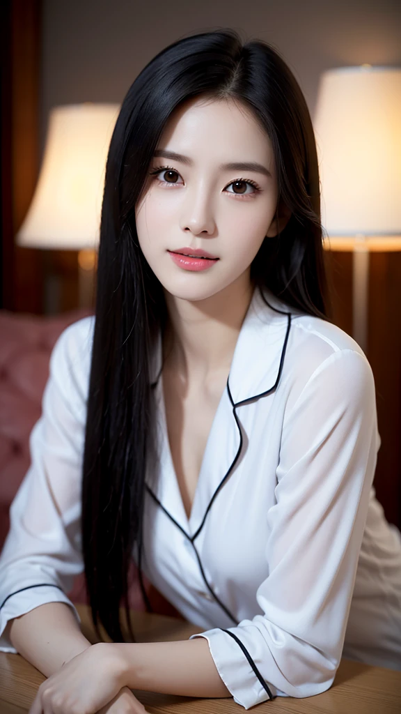 (8k),(RAW Photos),(Highest quality),(masterpiece:1.2),Sharp focus,natural shading,hyper realistic,(Small breasts),Realistic Face,超Realistic Face,Beautiful face,detailed,超detailed,slim,(Black hair straight:1.3),Double eyelids,非常にdetailedな顔,smile,Depth of field,Shiny Hair,leaning forward,natural shading,volumetric lighting,Realistic Skin,Realistic Shadows,pajamas,night,