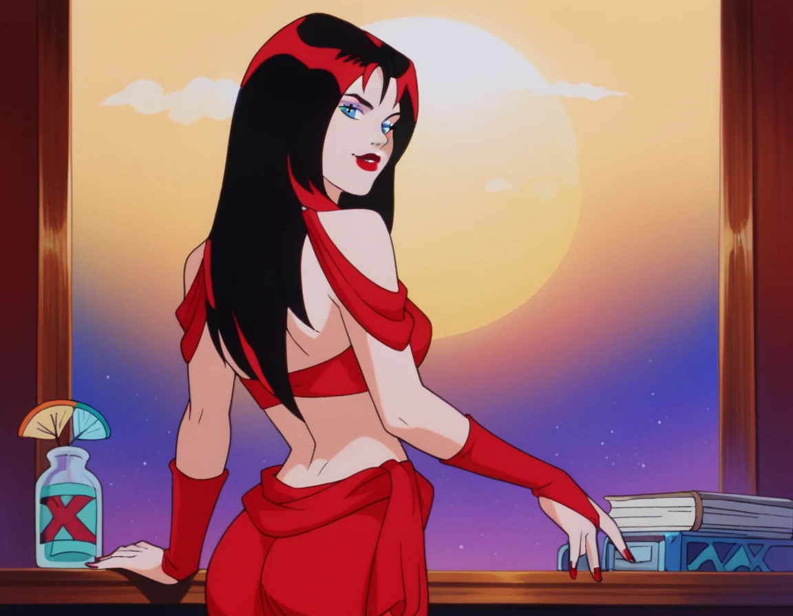 score_9, score_8_up, score_7_up, Thornhex, black hair, red highlights , SD90style, retro artstyle, source_cartoon, red nails, blue eyes, red lips, long hair, looking at viewer, breasts, lipstick, makeup, red bikini, ass, from behind, seductive 