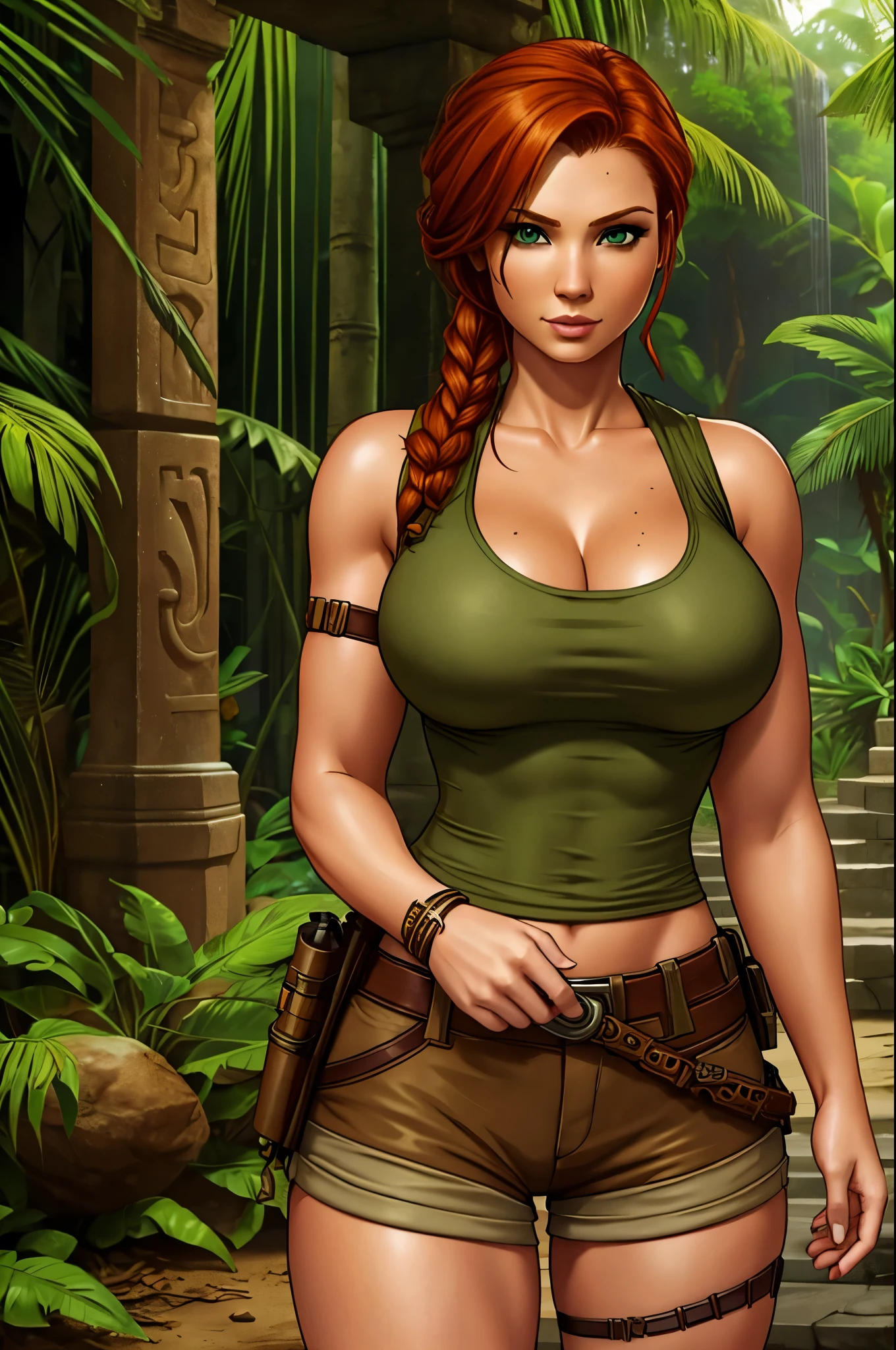 Jennifer Korbin, ginger hair, cosplaying lara croft, tan shorts, green top, jungle temple,