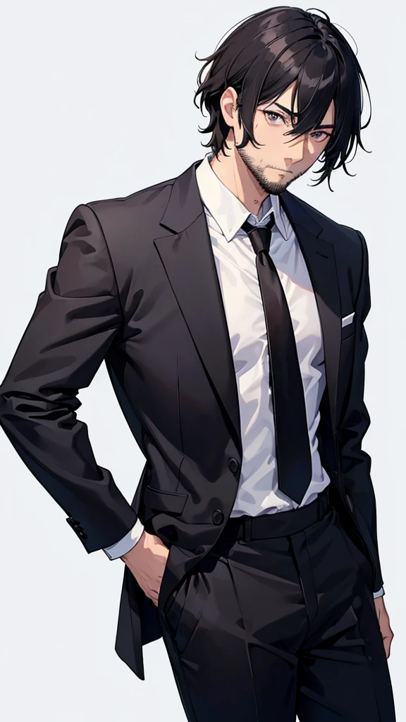 male、32 years old、less beard、Tired face、Glaring eyes、Long bangs、7:3 parting、Shot from the thigh up、Are standing、looking at the camera、Black suit、Plain white background、Single、Businessman、Japanese salaryman、Simple poses