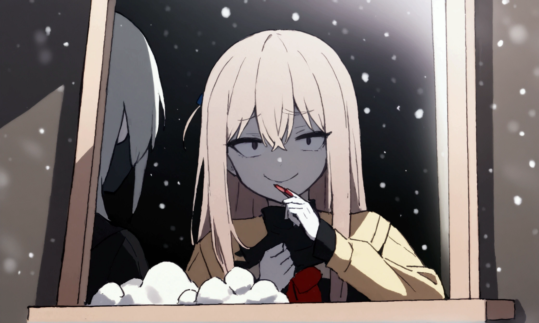 (masterpiece:1.2, Highest quality), (snow white:1.3), 1 female, whole body, casual, Minimal makeup, pale, (Wicked Smile:1.3), Bright Eyes,8K high resolution, Fine Lines,(Girl putting on makeup in front of a mirror:1.3) , (机の上にsnow whiteの絵本が置いてある:1.4)