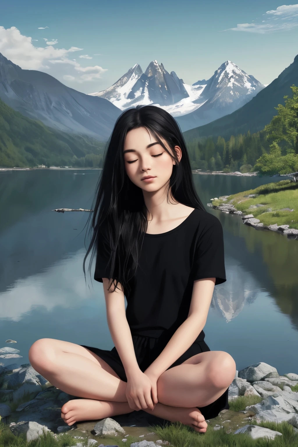 ((best quality)), ((masterpiece)), (detailed), A digital illustration of a young woman sitting in a cross-legged position with her eyes closed and hands resting on her knees, surrounded by a serene landscape with mountains and a lake. She has long black hairs.