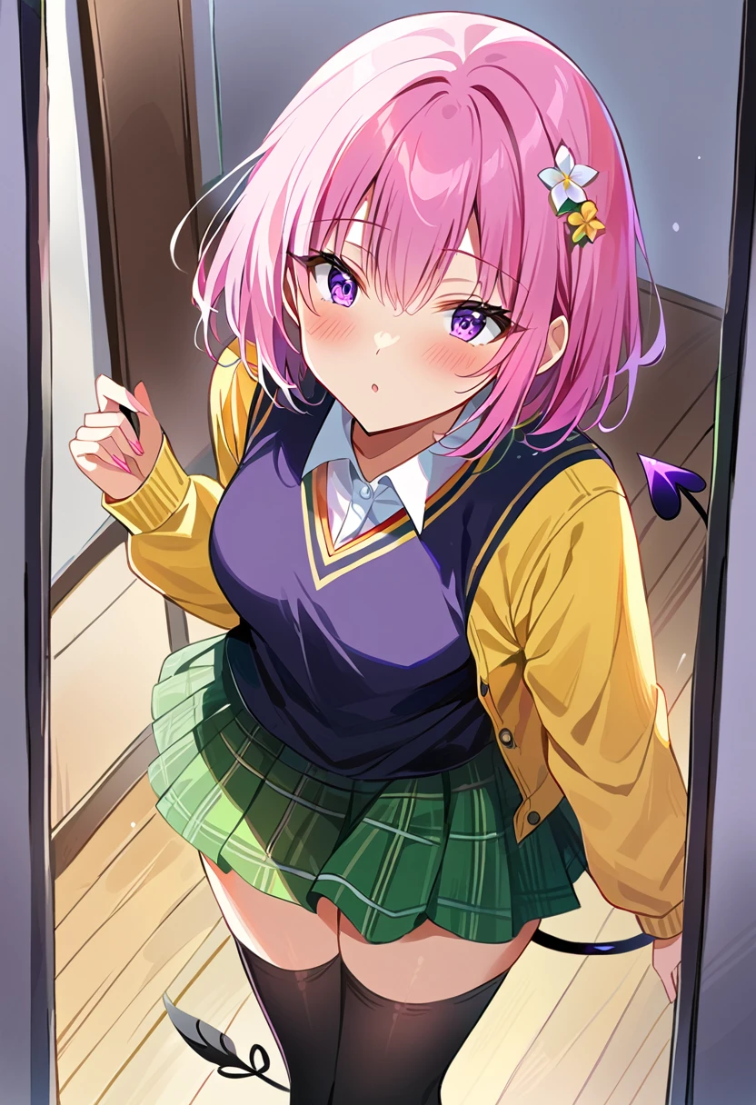 masterpiece, Highest quality, High resolution, One girl,  .Deviluke Type, demon tail, Hair Flower, hair ornaments, (Purple eyes:1.1), Pink Hair, short hair, tail, demon tail, green skirt, Plaid, Plaid skirt, Sainan High , , skirt, Sweater vest, Knee socks, (Yellow Sweater:1.3),