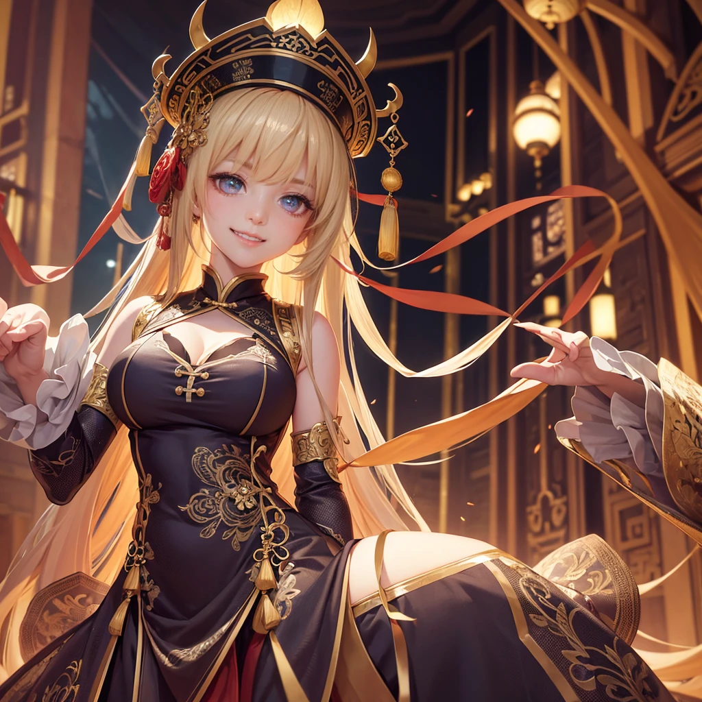 Highly detailed CG unit 8k wallpaper, masterpiece, High resolution, highest quality, highest quality real texture skin, Super Real, Digital Painting, Best image quality, 最High resolution, 8k, ((Highly detailed eyes and face)), 1girl, Beautiful eyes every detail, Full Body Shot, Chinese style embroidery, china dress, chinese dress, ancient China, evil grin, evil smile,