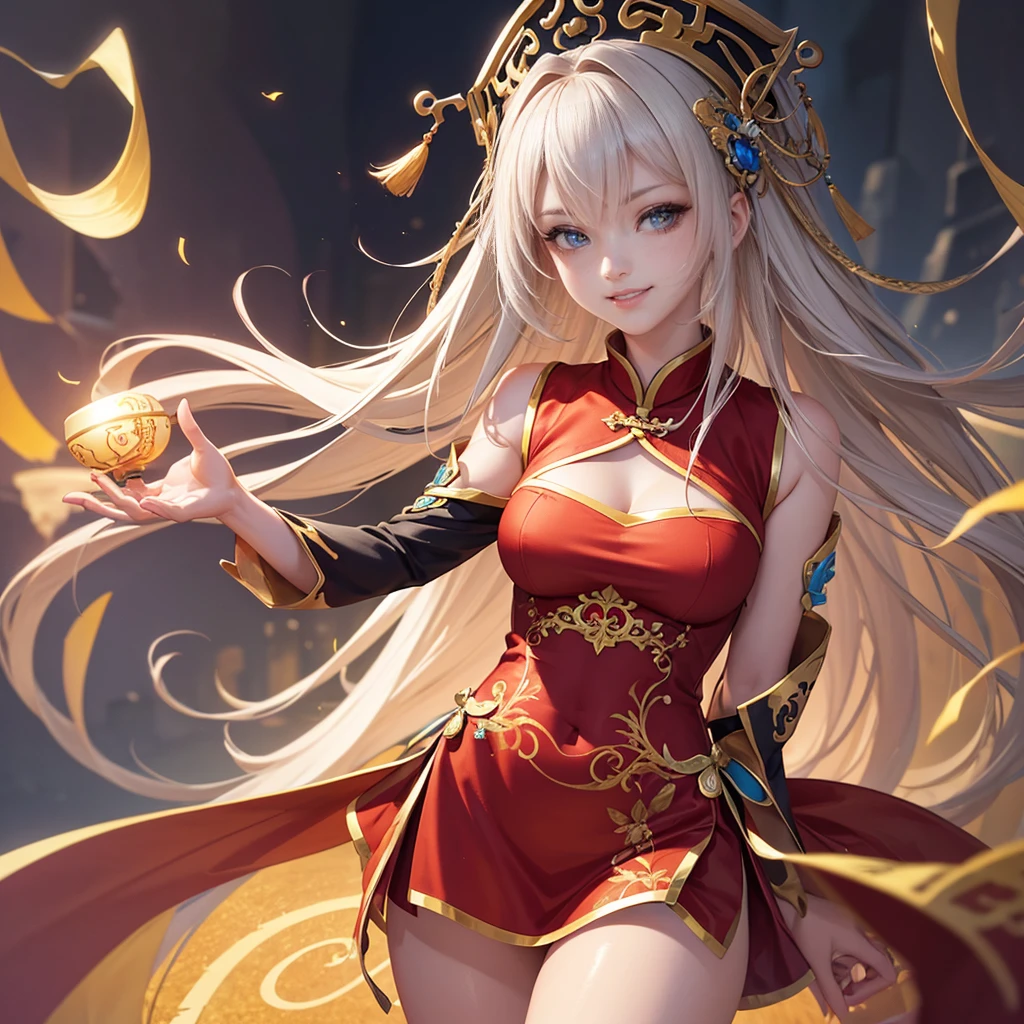 Highly detailed CG unit 8k wallpaper, masterpiece, High resolution, highest quality, highest quality real texture skin, Super Real, Digital Painting, Best image quality, 最High resolution, 8k, ((Highly detailed eyes and face)), 1girl, Beautiful eyes every detail, Full Body Shot, Chinese style embroidery, china dress, chinese dress, ancient China, evil grin, evil smile,