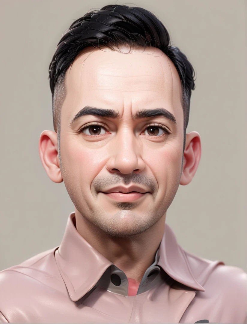 Create a 3D animation of a cartoon caricature with a big head. a man. He has short black hair parted on the right side. His face is oval with smooth lines, thick and neat black eyebrows, normal eyes, a big nose, and thin lips with a wide. He wore a light gray leather jacket over a white t-shirt. Gradient blue background with professional lighting. masterpiece, top quality, highly detailed skin and face, ultra-realistic, high definition, studio lighting, sharp focus, 2/3 body angle, Concept Art, 3D rendering.