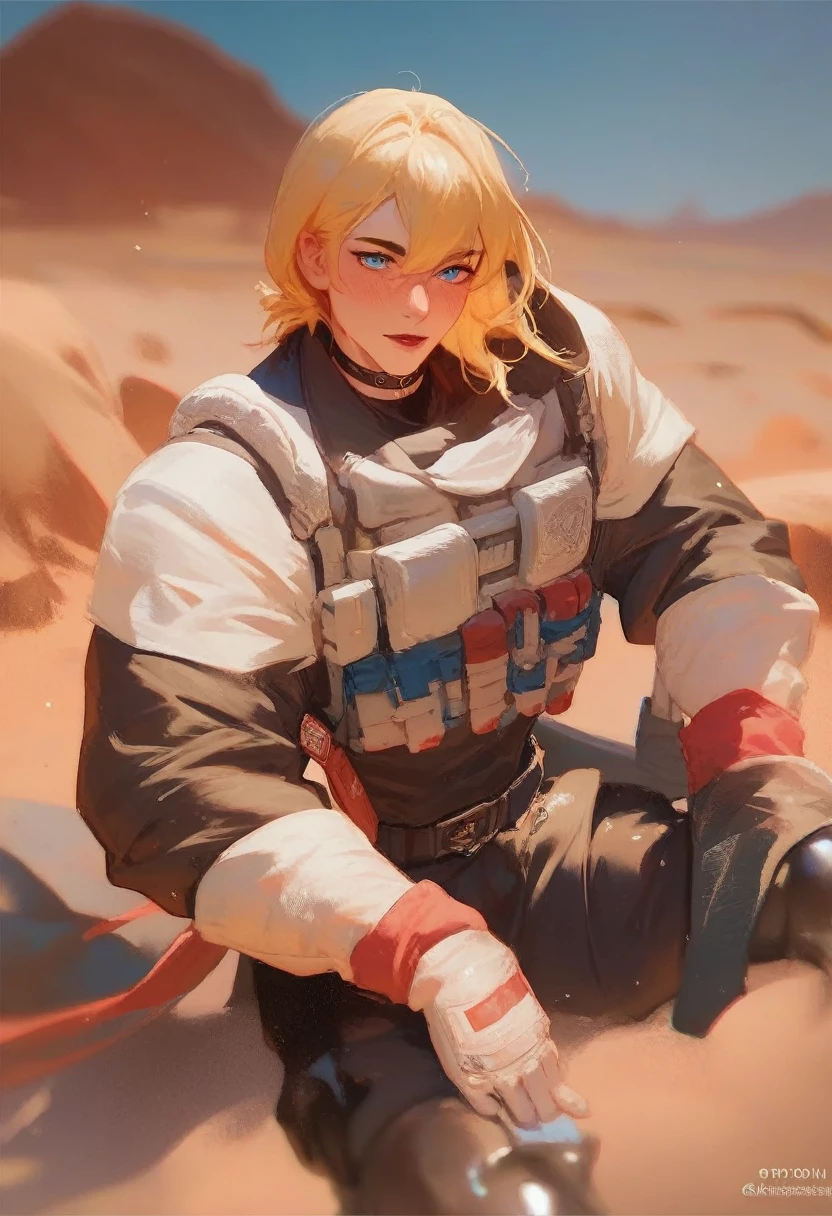 1boy, modern soldier, solo, black eyeliner, male medium length hair, medium hair texture, yellow hair, handsome, blue eyes, black choker, black clothes, black long boots, desert, red lipstick, femboy, blush, thin waist, black body armor 