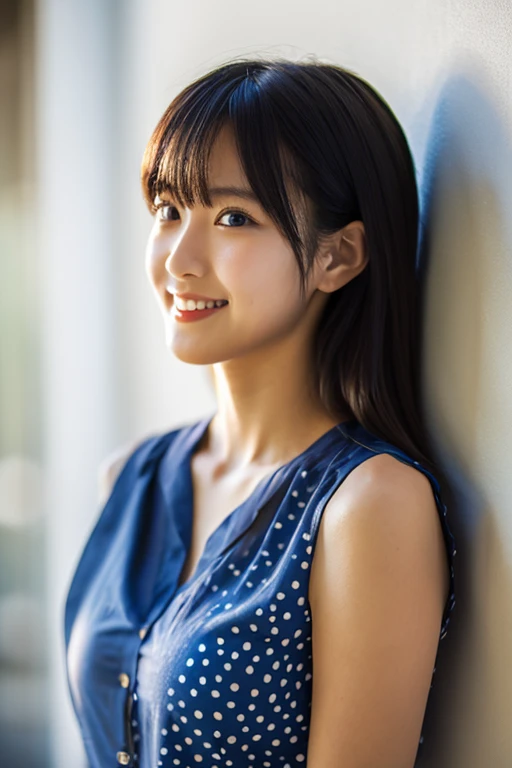 lens: 135mm f1.8, (Highest quality), (Beautiful 23 year old Japanese girl), (Moisturized lips), Narrow eyes, double eyelid, Delicate clavicle, Flat Chest , Embarrassed about my small, undeveloped breasts, smile, (Spotted sunlight: 1.2), Professional Lighting, (Dark blue sleeveless blouse shirt), (Sunburned skin: 0.2), Full body photo, Full Body Focus, Beautifully upright、A neat and tidy honor student