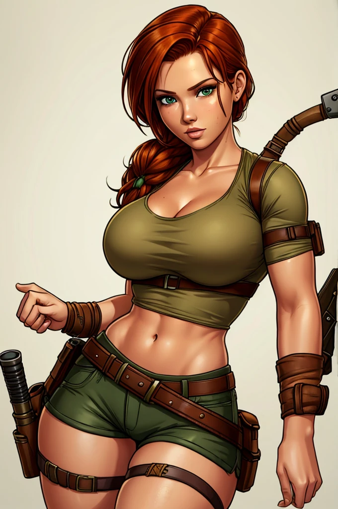 Jennifer Korbin, ginger hair, cosplaying lara croft, tan shorts, green top, steampunk, blank background, white background