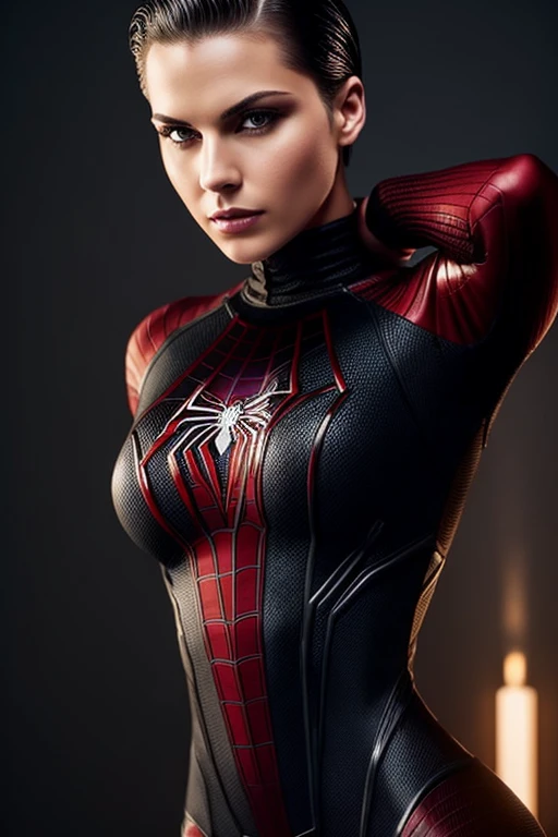 Gorgeous european woman with very short straight hair, short hair, wet hair, hair slicked back, combed straight back, slick hair, streaked caramelblonde hair, seductive, wearing spiderwoman outift, cleavage, solid dark grey background