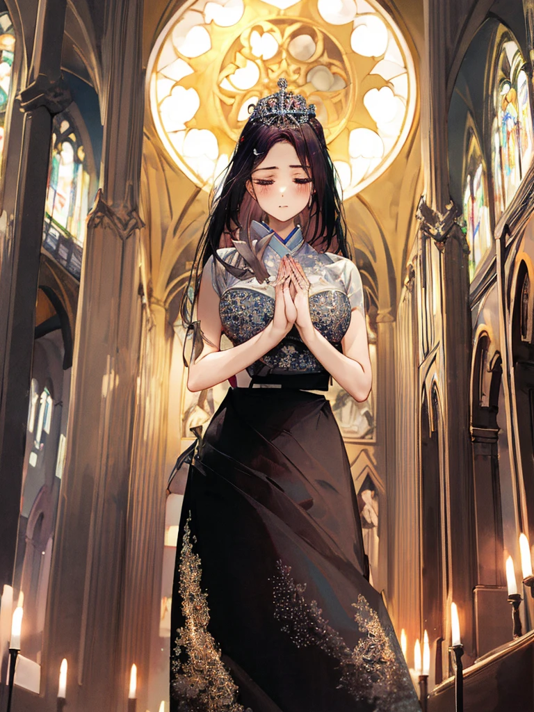 ((masterpiece))、((Highest Resolution))、((lonely japanese woman))、(Transparent white skin)、(((In the background is a large Roman church)))、(((Facing forward)))、With hands clasped together, looking up to the sky as if praying、((Depict the whole body))、High heels、deep pink wedding dress、A dress with lots of lace、Gorgeous wedding dresses、expensive wedding dresses、Straight long hair、Black hair、Wearing a shiny golden tiara、Wearing pure white sheer lace wedding gloves、Narrow waist、A long lace stretches down the back、round face、Large Breasts、