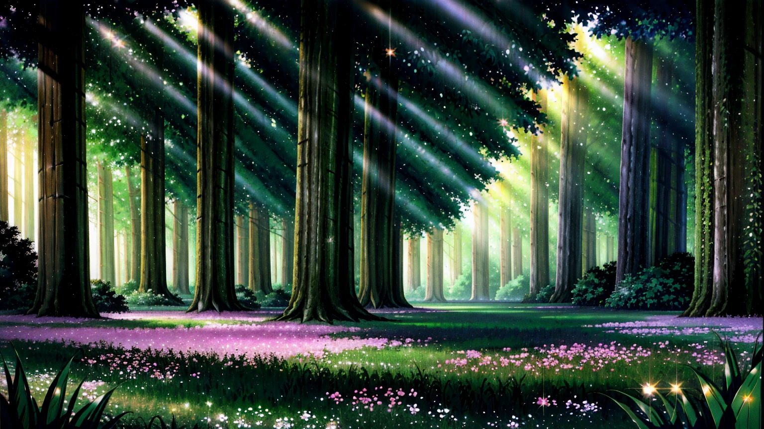 A beautiful forest with a mystical and enchanting atmosphere, where fairies are floating gracefully. The forest is lush with vibrant green foliage, tall ancient trees, and colorful flowers. The fairies are small, glowing beings with delicate wings, leaving trails of sparkling light as they move. The scene is illuminated by soft, magical light filtering through the trees, creating a dreamy and serene ambiance. There are also gentle streams and small woodland creatures adding to the magical environment.
