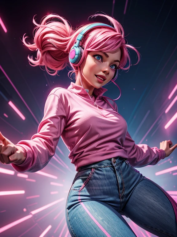 a woman with pink hair, fair skin, blue eyes, wearing a pink long-sleeved shirt, blue headphones, strong legs. expression of joy, happiness, dynamic pose.