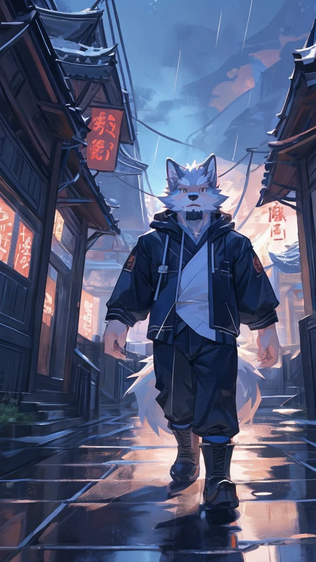 4k 8k (masterpiece:1.2), best quality,pixiv,Official Art,Perfect anatomical structure, (Light线追踪, Light),Solitary, (1_male:1.3) , (muscle), (White fur:1.4), (muscle wolf), (beard:1.2), (闪闪发Light的蓝眼睛), Wolf Tail, whole body, Thick white eyebrows,(Open hoodie), (Naked), (Hanfu:1.2), boots, 30-40 years old , wind暴, rain , ruins , wind,Reaching out to the camera,Reaching out to the camera