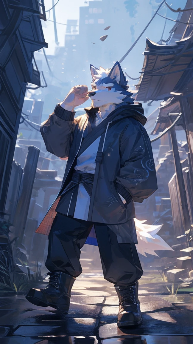 4k 8k (masterpiece:1.2), best quality,pixiv,Official Art,Perfect anatomical structure, (Light线追踪, Light),Solitary, (1_male:1.3) , (muscle), (White fur:1.4), (muscle wolf), (beard:1.2), (闪闪发Light的蓝眼睛), Wolf Tail, whole body, Thick white eyebrows,(Open hoodie), (Naked), (Hanfu:1.2), boots, 30-40 years old , wind暴, rain , ruins , wind,Reaching out to the camera,Reaching out to the camera