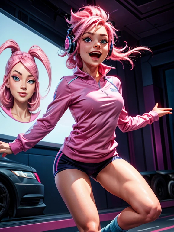 a woman with pink hair, fair skin, blue eyes, wearing a pink long-sleeved shirt, blue headphones, strong legs. expression of joy, happiness, dynamic pose.