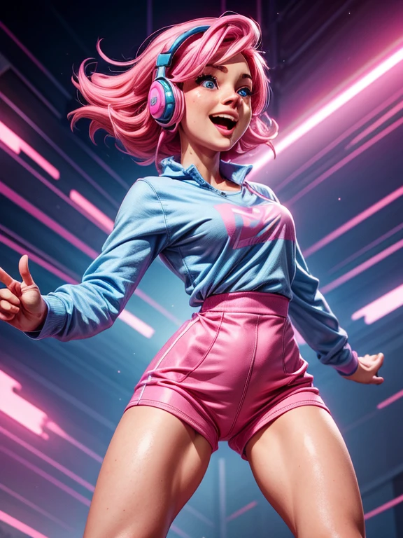 a woman with pink hair, fair skin, blue eyes, wearing a pink long-sleeved shirt, blue headphones, strong legs. expression of joy, happiness, dynamic pose.