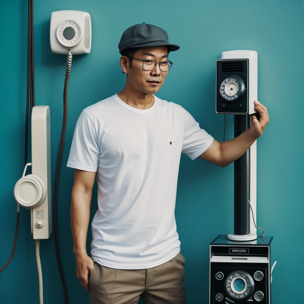 asian man in glasses, white t-shirt and fisherman hat standing next to retro white telephone hanging on blue wall in background, in the style of ultrafine detail, high quality photo